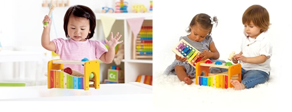 Purchase Hape Pound & Tap Bench with Slide Out Xylophone - Award Winning Durable Wooden Musical Pounding Toy for Toddlers, Multifunctional and Bright Colours, Yellow on Amazon.com
