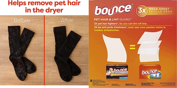 Purchase Bounce Pet Hair and Lint Guard Mega Dryer Sheets for Laundry, Fabric Softener with 3X Pet Hair Fighters, Fresh Scent, 120 Count, White on Amazon.com