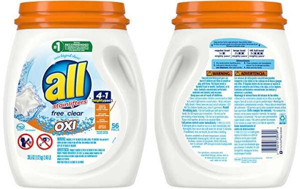 Purchase All Mighty Pacs Laundry Detergent with Oxi Stain Removers and Whiteners, Free Clear, Tub, 56 Count on Amazon.com