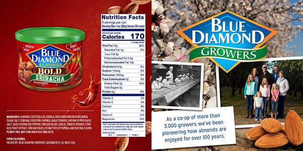 Purchase Blue Diamond Almonds Sriracha Flavored Snack Nuts, 6 Oz Resealable Can on Amazon.com