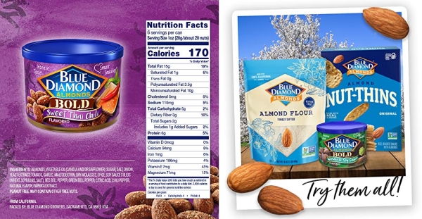 Purchase Blue Diamond Almonds Sweet Thai Chili Flavored Snack Nuts, 6 Oz Resealable Can on Amazon.com