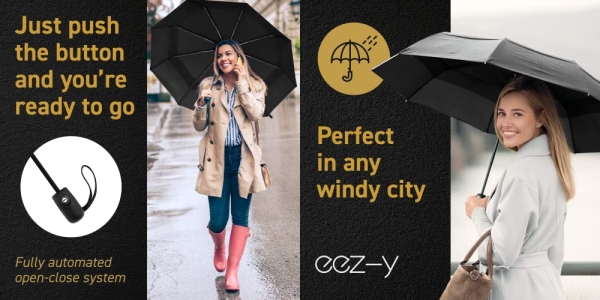 Purchase EEZ-Y Windproof Travel Umbrellas for Rain - Lightweight, Strong, Compact with & Easy Auto Open/Close Button on Amazon.com