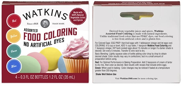 Purchase Watkins Assorted Food Coloring, 1 Each Red, Yellow, Green, Blue, Total Four .3 oz bottles on Amazon.com