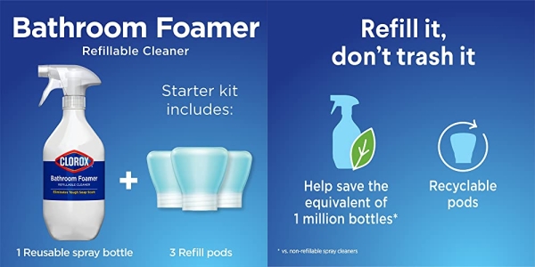 Purchase Clorox Bathroom Foamer Refillable Cleaner, 1 Bottle and 3 Refill, Rain Clean, 1.13 Fl Oz on Amazon.com