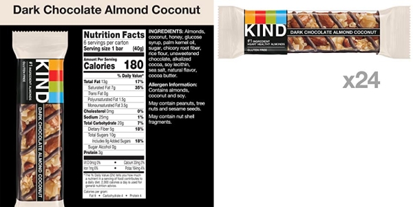 Purchase KIND Nut Bars, Dark Chocolate Almond Coconut, 1.4 Ounce, 24 Count, Gluten Free, Low Glycemic Index, 3g Protein on Amazon.com
