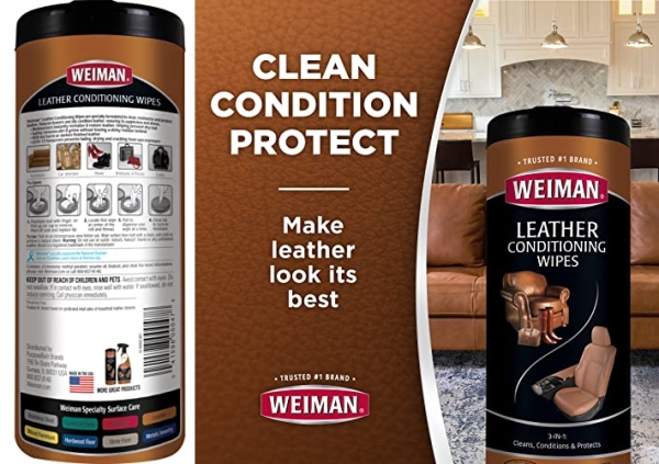 Purchase Weiman Leather Cleaner & Conditioner Wipes With UV Protection, Prevent Cracking Or Fading Of Leather Couches, Car Seats, Shoes, Purses - 30 ct on Amazon.com