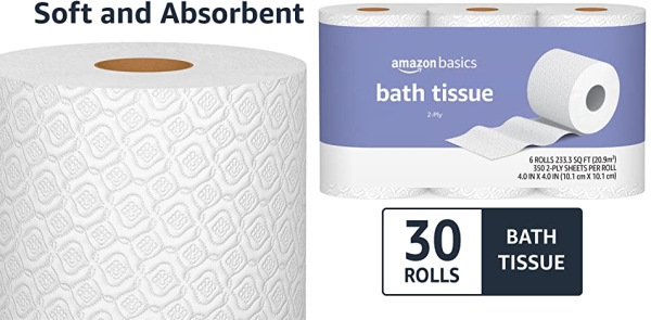 Purchase Amazon Basics 2-Ply Toilet Paper 5 Packs, 6 Rolls per pack (30 Rolls total) (Previously Solimo) on Amazon.com
