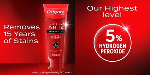 Purchase Colgate Optic White Pro Series Whitening Toothpaste with 5% Hydrogen Peroxide, Enamel Strength, 3 oz Tube on Amazon.com