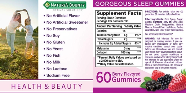 Purchase Nature's Bounty Optimal Solutions Gorgeous Sleep Melatonin 5mg Gummies with Collagen, Assorted Fruit Flavors, 60 Count on Amazon.com