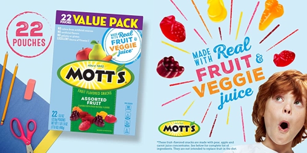Purchase Mott's Fruit Flavored Snacks, Assorted Fruit, Pouches, 0.8 oz, 22 ct (Pack of 6) on Amazon.com