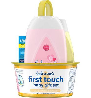 Purchase Johnson's First Touch Baby Gift Set, Baby Bath, Skin & Hair Essential Products, Kit for New Parents with Wash & Shampoo, Lotion, & Diaper Rash Cream, Hypoallergenic & Paraben-Free, 4 Items at Amazon.com