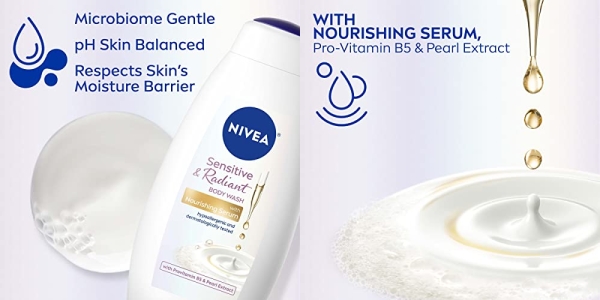 Purchase NIVEA Sensitive and Radiant Body Wash with Nourishing Serum, Provitamin B5 and Pearl Extract, 3 Pack of 20 Fl Oz Bottles on Amazon.com
