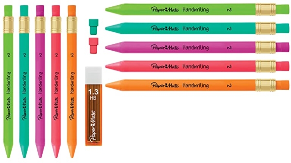 Purchase Paper Mate Handwriting Triangular Mechanical Pencil Set with Lead & Eraser Refills, 1.3 mm, Pencils for Kids in Fun Barrel Colors, 5 Count on Amazon.com