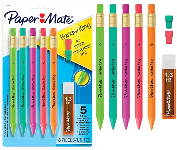 Purchase Paper Mate Handwriting Triangular Mechanical Pencil Set with Lead & Eraser Refills, 1.3 mm, Pencils for Kids in Fun Barrel Colors, 5 Count on Amazon.com