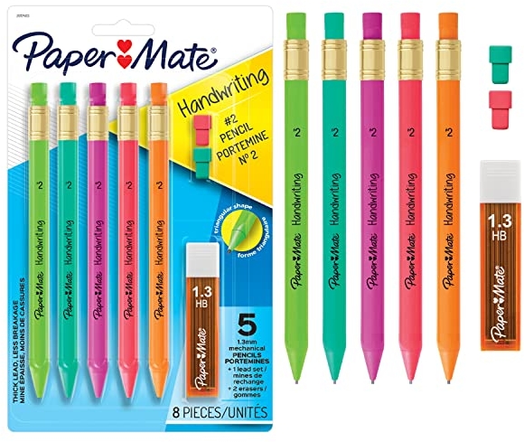 Purchase Paper Mate Handwriting Triangular Mechanical Pencil Set with Lead & Eraser Refills, 1.3 mm, Pencils for Kids in Fun Barrel Colors, 5 Count on Amazon.com