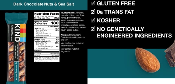 Purchase KIND Bars, Dark Chocolate Nuts & Sea Salt, Healthy Snacks, Gluten Free, Low Sugar, 6g Protein, 24 Count on Amazon.com