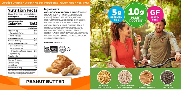 Purchase Orgain Organic Plant Based Protein Bar, Peanut Butter - 10g of Protein, Vegan, Gluten Free, Non Dairy, Soy Free, Lactose Free, Kosher, Non-GMO, 1.41 Ounce, 12 Count on Amazon.com