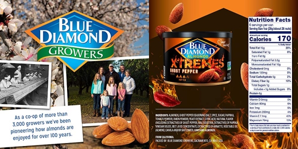 Purchase Blue Diamond Almonds XTREMES Ghost Pepper Flavored Snack Nuts, 6 Oz Resealable Cans on Amazon.com
