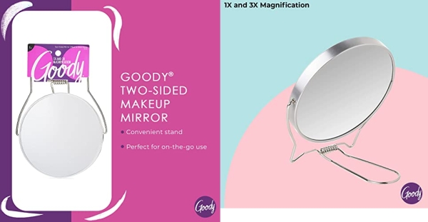 Purchase Goody Two-Sided Makeup Mirror with Stand - 1X and 3X Dual Sided Magnification - Lightweight & Portable Table Top Magnifying Vanity Mirror on Amazon.com