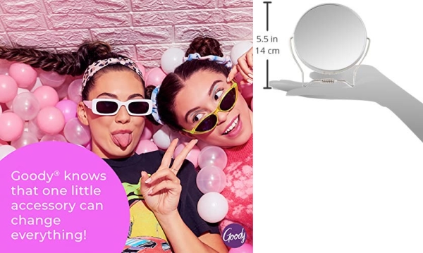 Purchase Goody Two-Sided Makeup Mirror with Stand - 1X and 3X Dual Sided Magnification - Lightweight & Portable Table Top Magnifying Vanity Mirror on Amazon.com