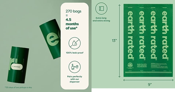 Purchase Earth Rated Dog Poop Bags, Guaranteed Leak Proof and Extra Thick Waste Bag Refill Rolls For Dogs, Unscented, 270 Count on Amazon.com