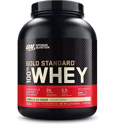Purchase Optimum Nutrition Gold Standard 100% Whey Protein Powder, Vanilla Ice Cream, 5 Pound at Amazon.com