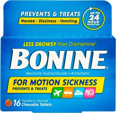 Purchase Bonine Non-Drowsy Motion Sickness Relief - Chewable Tablets with Meclizine HCL 25mg - Raspberry Flavor, 16 Chewable Tablets at Amazon.com