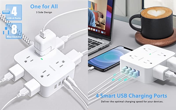Purchase Surge Protector Power Strip - 8 Wide with 4 USB Charging Ports, 3 Side Outlets, 5Ft Braided Extension Cord, Flat Plug, Wall Mount on Amazon.com