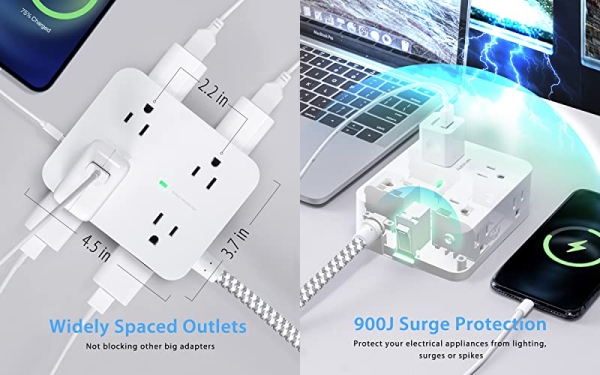 Purchase Surge Protector Power Strip - 8 Wide with 4 USB Charging Ports, 3 Side Outlets, 5Ft Braided Extension Cord, Flat Plug, Wall Mount on Amazon.com