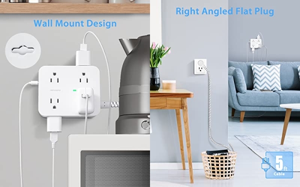 Purchase Surge Protector Power Strip - 8 Wide with 4 USB Charging Ports, 3 Side Outlets, 5Ft Braided Extension Cord, Flat Plug, Wall Mount on Amazon.com