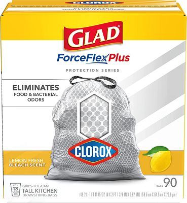 Purchase GLAD ForceFlexPlus Tall Kitchen Trash Bags, 13 Gallon Trash Bags for Tall Kitchen Trash Can, Lemon Fresh Bleach Scent to Eliminate Odors, 90 Count (Package May Vary) at Amazon.com