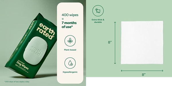 Purchase Earth Rated Dog Wipes, Thick Plant Based Grooming Wipes For Easy Use on Paws, Body and Bum, Unscented, 400 Count on Amazon.com