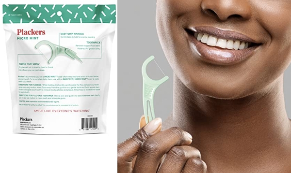 Purchase Plackers Micro Mint Dental Flossers, Fresh Mint Flavor, Fold-Out Toothpick, Super Tuffloss, Easy Storage with Sure-Zip Seal, 300 Count on Amazon.com