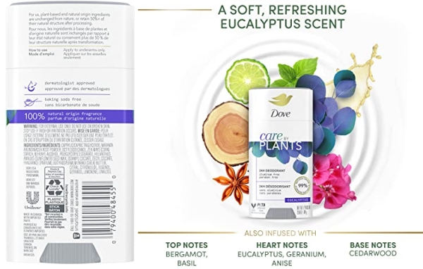 Purchase Dove Care by Plants Deodorant Stick for underarm skin care and 24 hour deodorant protection Eucalyptus no aluminum deodorant, 2.6 oz - Pack of 3 on Amazon.com