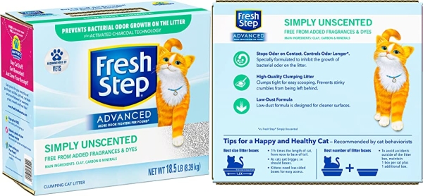 Purchase Fresh Step Clumping Cat Litter, Advanced, Simply Unscented, Extra Large, 37 Pounds total (2 Pack of 18.5lb Boxes) on Amazon.com