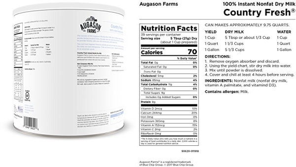 Purchase Augason Farms 5-90620 Country Fresh 100% Real Instant Nonfat Dry Milk, 1 lb, 13 oz. on Amazon.com