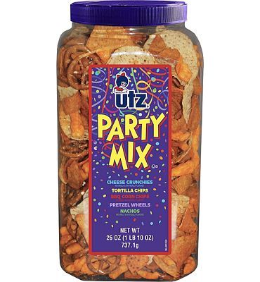 Purchase Utz Party Mix - 26 Ounce Barrel - Tasty Snack Mix Includes Corn Tortillas, Nacho Tortillas, Pretzels, BBQ Corn Chips and Cheese Curls, Easy and Quick Party Snacks, Cholesterol Free and Trans-Fat Free at Amazon.com