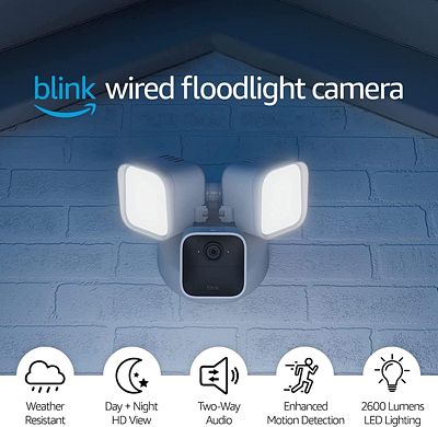 Purchase Blink Wired Floodlight Camera - Smart security camera, 2600 lumens, HD live view, enhanced motion detection, built-in siren, Works with Alexa - 1 camera (White) at Amazon.com