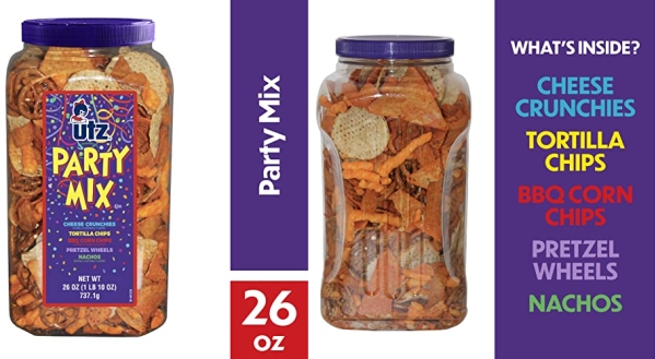 Purchase Utz Party Mix - 26 Ounce Barrel - Tasty Snack Mix Includes Corn Tortillas, Nacho Tortillas, Pretzels, BBQ Corn Chips and Cheese Curls, Easy and Quick Party Snacks, Cholesterol Free and Trans-Fat Free on Amazon.com