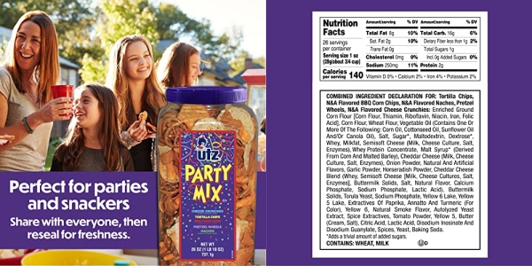 Purchase Utz Party Mix - 26 Ounce Barrel - Tasty Snack Mix Includes Corn Tortillas, Nacho Tortillas, Pretzels, BBQ Corn Chips and Cheese Curls, Easy and Quick Party Snacks, Cholesterol Free and Trans-Fat Free on Amazon.com