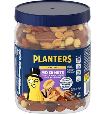 Purchase PLANTERS Mixed Nuts, Salted, 27 oz, Resealable Jar - Salted Nuts with Less than 50% Peanuts^ (*Nuts are Measured by Weight), Almonds, Cashews, Hazelnuts & Pecans - Kosher at Amazon.com