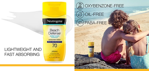 Purchase Neutrogena Beach Defense Water Resistant Sunscreen Lotion with Broad Spectrum SPF 70, Oil-Free and PABA-Free Fast-Absorbing Sunscreen Lotion, UVA/UVB Sun Protection, SPF 70, 6.7 oz on Amazon.com