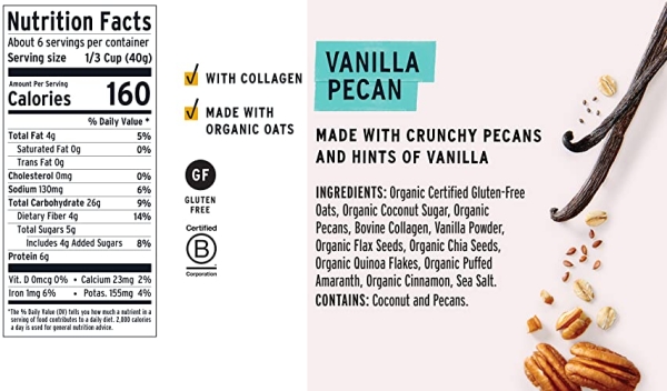 Purchase purely elizabeth Collagen Protein Oats, Vanilla Pecan, Amaranth, Quinoa Flakes, Coconut Sugar, Chia Seeds, Gluten-Free, Non-GMO, 8 oz (3 Ct.) on Amazon.com
