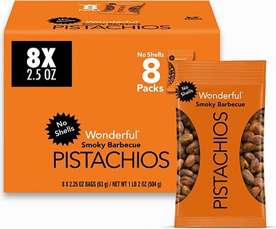 Purchase Wonderful Pistachios, No Shells, Smoky Barbecue Nuts, 2.25oz (Pack of 8) at Amazon.com