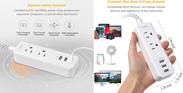 Purchase Power Strip with USB - 2 Outlets 3 USB Charging Ports(3.1A, 15W), Desktop Charging Station with 5 ft Braided Extension Cord, Flat Plug Travel Power Strip for Cruise, Home Office, ETL Listed on Amazon.com