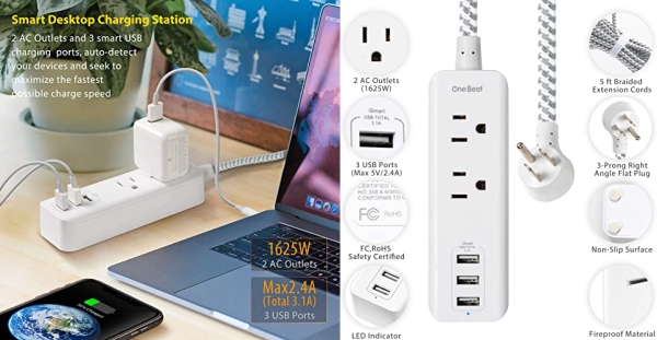 Purchase Power Strip with USB - 2 Outlets 3 USB Charging Ports(3.1A, 15W), Desktop Charging Station with 5 ft Braided Extension Cord, Flat Plug Travel Power Strip for Cruise, Home Office, ETL Listed on Amazon.com