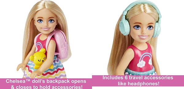 Purchase Barbie Chelsea Doll & 6 Accessories, Travel Set with Puppy, Pet Carrier & Backpack That Opens & Closes, Blonde Small Doll on Amazon.com