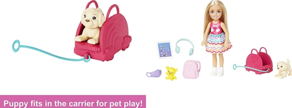 Purchase Barbie Chelsea Doll & 6 Accessories, Travel Set with Puppy, Pet Carrier & Backpack That Opens & Closes, Blonde Small Doll on Amazon.com