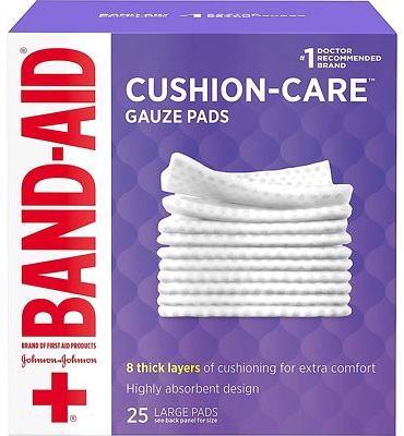 Purchase Band-Aid Brand Absorbent Cushion Care Sterile Square Gauze Pads for First Aid Protection of Minor Cuts, Scrapes & Burns, Non-Adhesive, Wound Care Dressing Pads, Large, 4 in x 4 in, 25 ct at Amazon.com