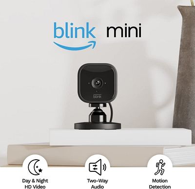 Purchase Blink Mini - Compact indoor plug-in smart security camera, 1080p HD video, night vision, motion detection, two-way audio, easy set up, Works with Alexa - 2 cameras (Black) at Amazon.com